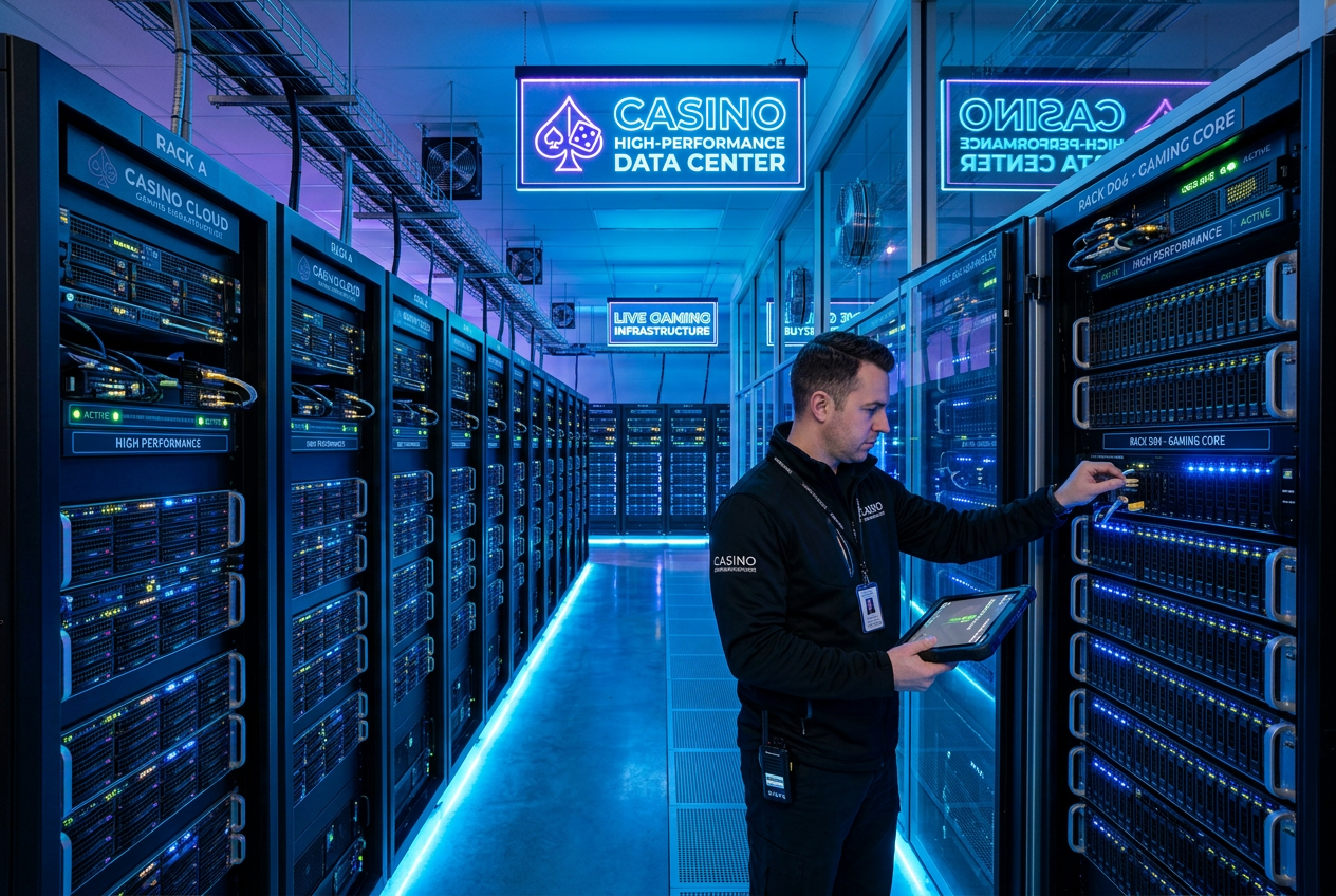 Modern casino gaming server room with blue light data visualization