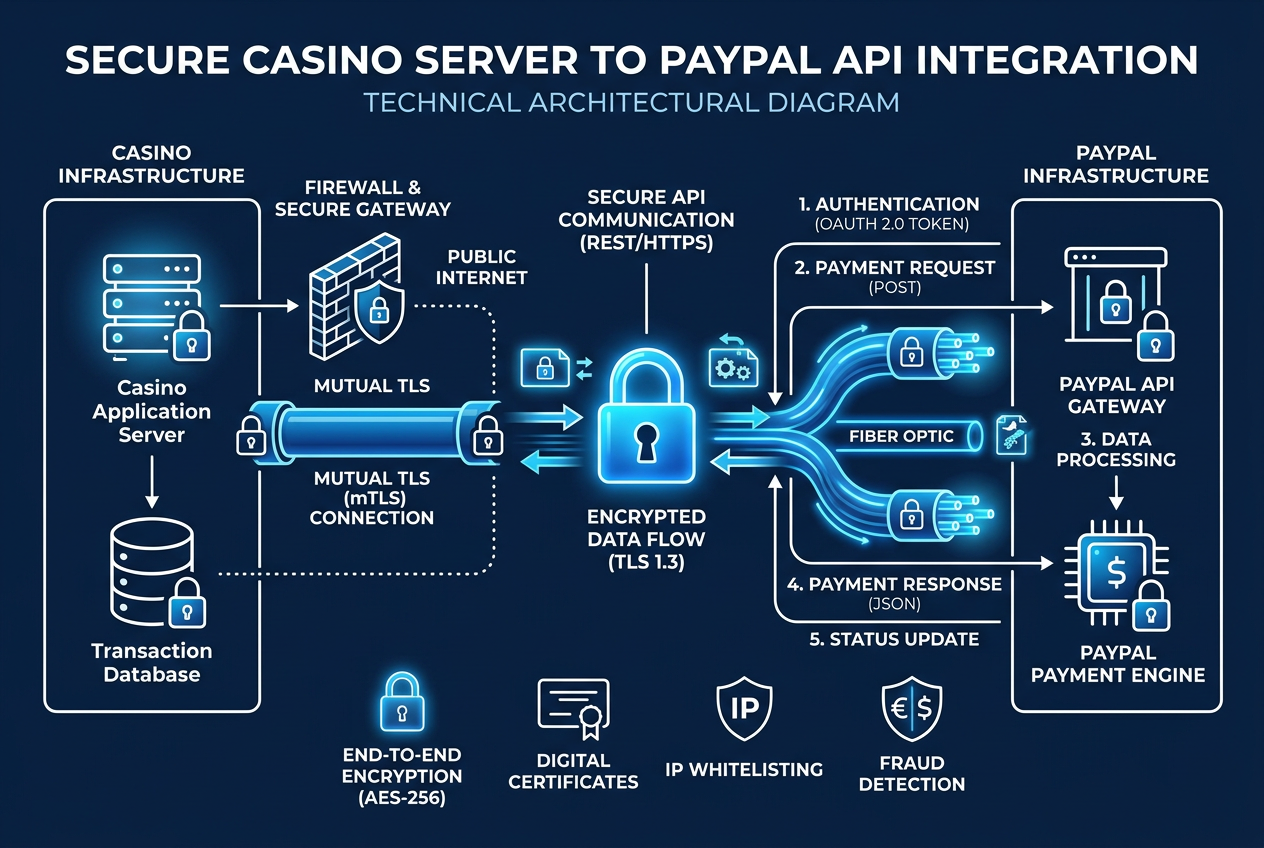 Diagram technologiczny przedstawiający warstwy bezpieczeństwa API PayPal w komunikacji z serwerem kasyna